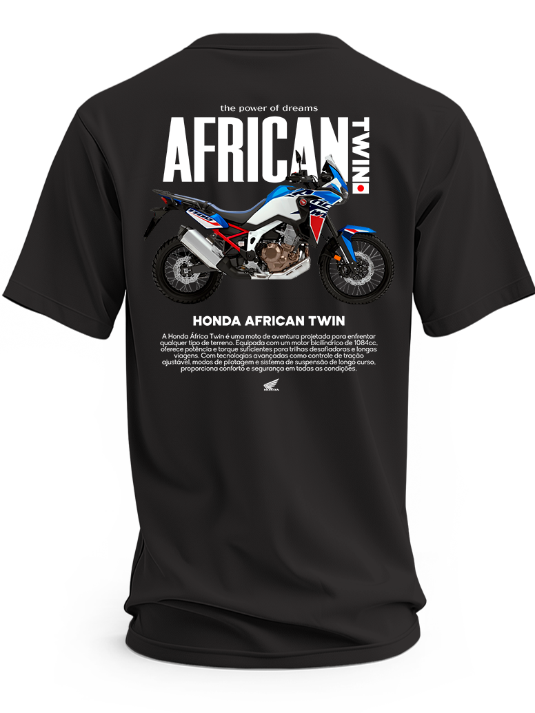 Czarna koszulka z biało-niebiesko-czerwonym motocyklem Honda Africa Twin i dużym białym napisem African Twin