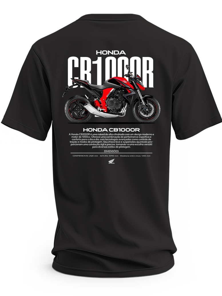 Czarna koszulka z czerwono-czarnym motocyklem Honda CB1000R i dużym białym napisem CB1000R