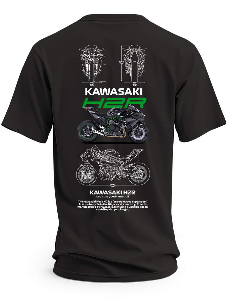 Czarna koszulka z motocyklem Kawasaki Ninja H2R, zielonym napisem H2R i rysunkami technicznymi – wzór 2