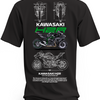 Czarna koszulka z czarno-szarym motocyklem Kawasaki Ninja H2R, zielonym napisem H2R i białymi rysunkami technicznymi