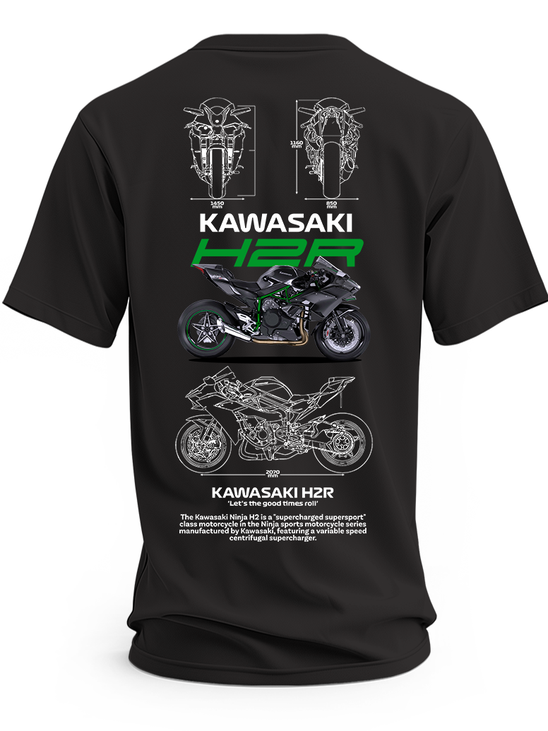 Czarna koszulka z czarno-szarym motocyklem Kawasaki Ninja H2R, zielonym napisem H2R i białymi rysunkami technicznymi