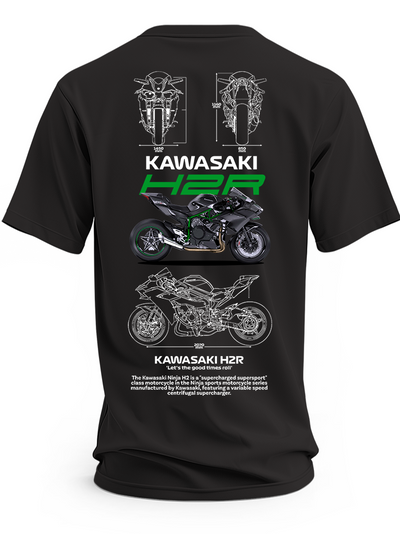 Czarna koszulka z czarno-szarym motocyklem Kawasaki Ninja H2R, zielonym napisem H2R i białymi rysunkami technicznymi