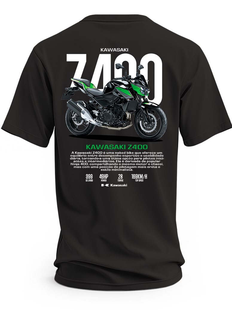 Czarna koszulka z motocyklem Kawasaki Z400 2023 i dużym napisem Z400