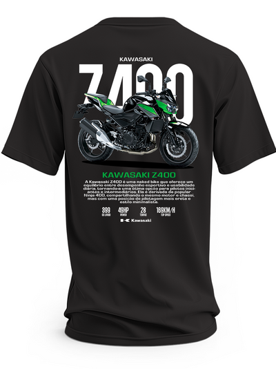Czarna koszulka z motocyklem Kawasaki Z400 2023 i dużym napisem Z400