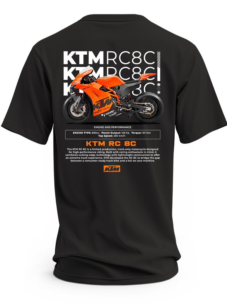 Czarna koszulka z pomarańczowym motocyklem KTM RC 8C i napisem KTM RC8C