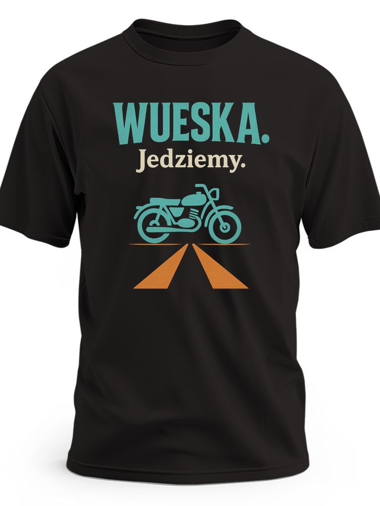 Koszulka męska z motorem Wueska jedziemy dla fana starej motoryzacji PRL