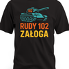 Boczny kontur czołgu z dużym numerem 102 na wieży oraz napisem RUDY 102 ZAŁOGA - czarna koszulka meski