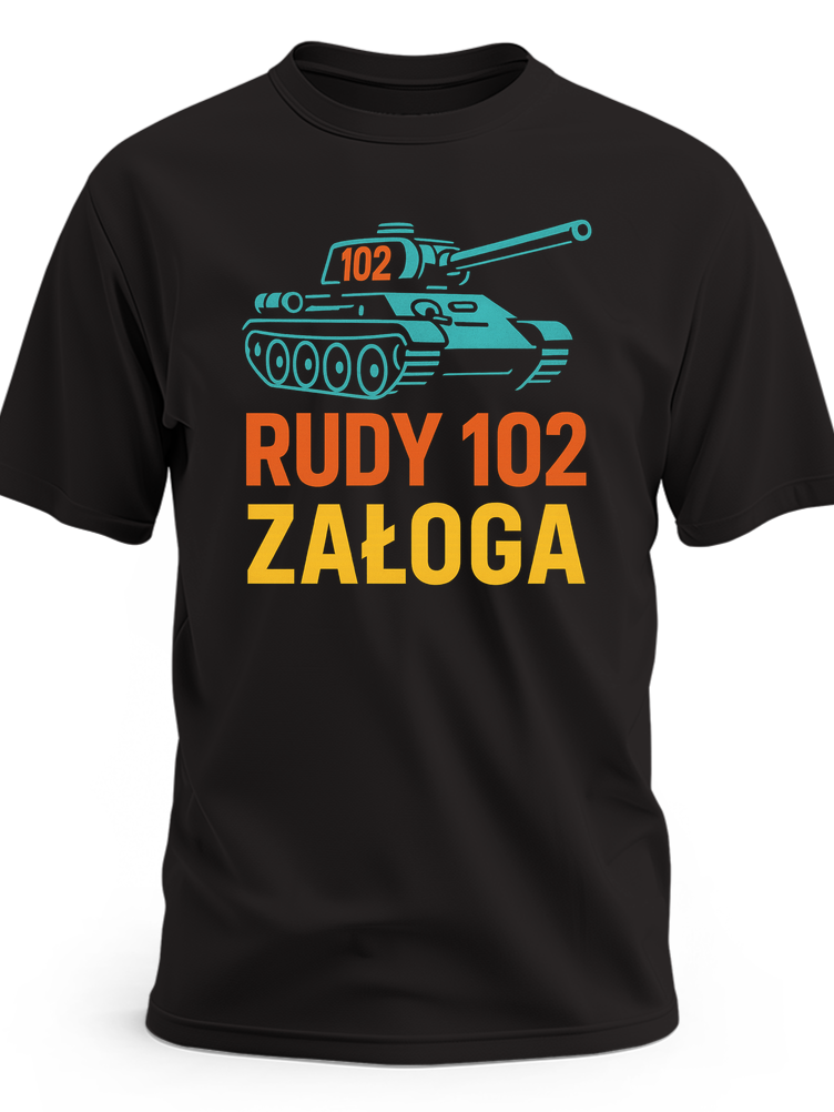 Boczny kontur czołgu z dużym numerem 102 na wieży oraz napisem RUDY 102 ZAŁOGA - czarna koszulka meski