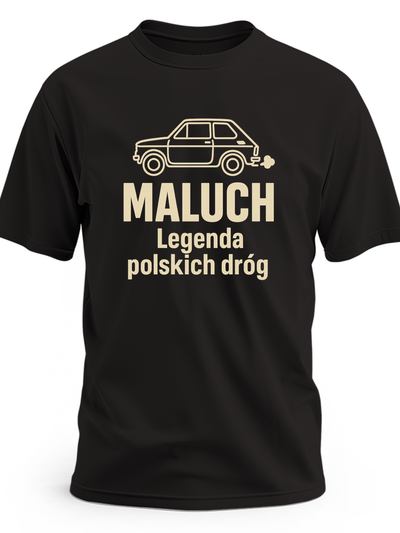 Konturowa sylwetka 126p z profilu, mały dymek z wydechu i napis „Maluch — Legenda polskich dróg” - czarna koszulka meski