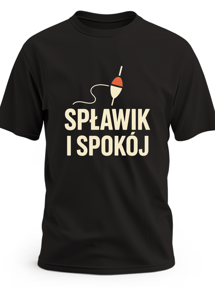 Biały kontur spławika i cienkiej linii wędki z czerwonym akcentem oraz hasło Spławik i spokój - czarna koszulka
