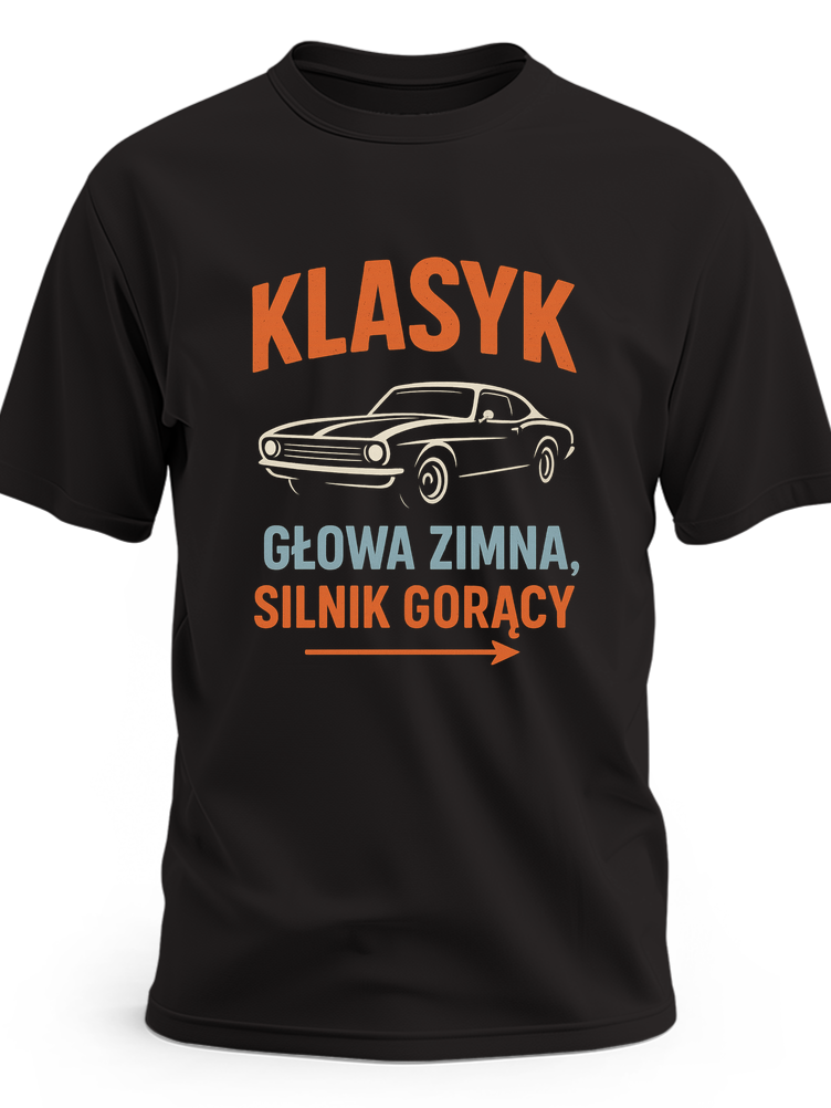 Biała sylwetka klasycznego samochodu z liniami maski i napisem Klasyk — głowa zimna, silnik gorący - czarna koszulka