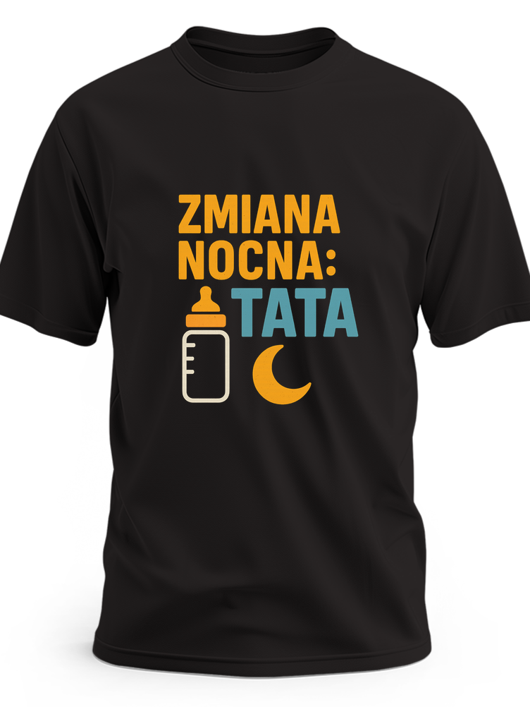 Biały napis „Zmiana nocna: Tata” z prostym symbolem butelki i półksiężyca - czarna koszulka