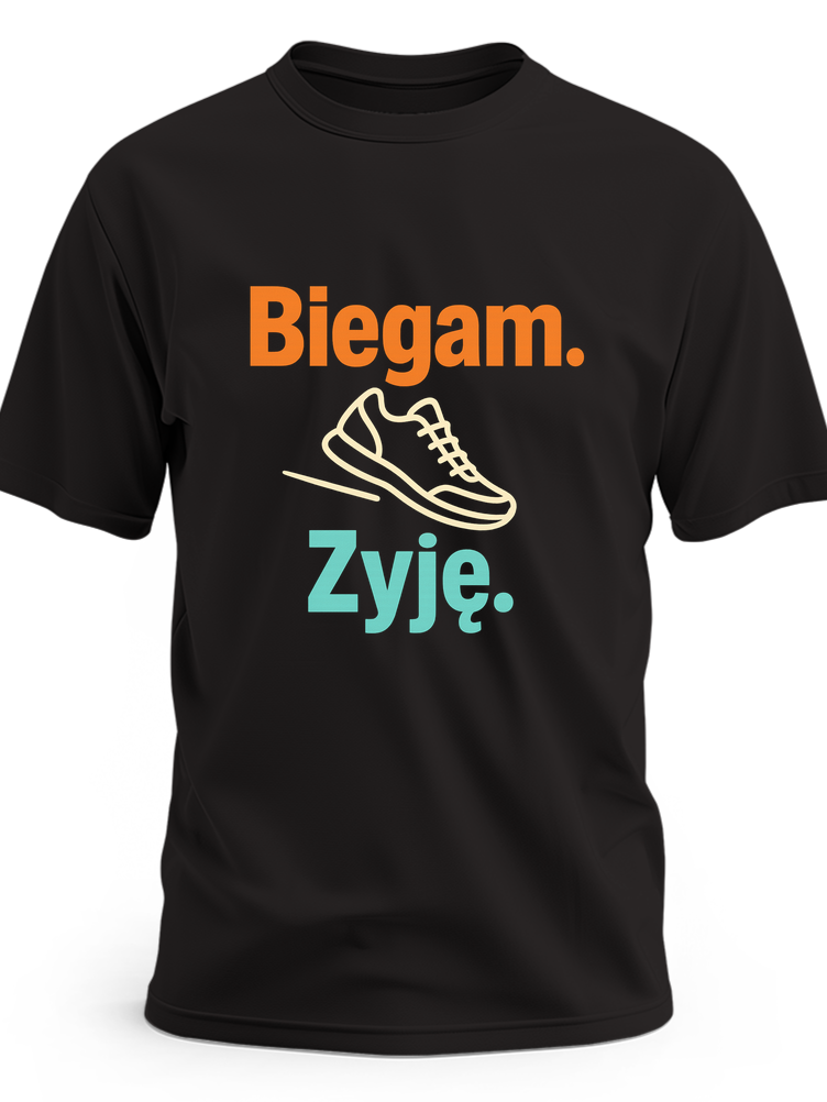 Biały kontur buta biegowego z linią ruchu i napisem Biegam. Żyję. - czarna koszulka