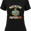 Biały kontur stosu teczek z małą koroną oraz hasło „Mistrzyni papierów” - czarna koszulka damski