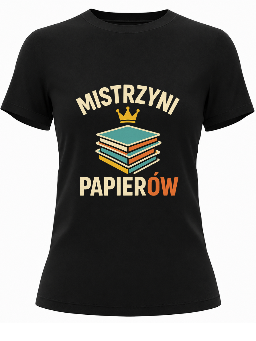 Biały kontur stosu teczek z małą koroną oraz hasło „Mistrzyni papierów” - czarna koszulka damski