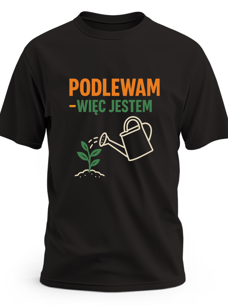 Biały napis „Podlewam — więc jestem” oraz konturowa konewka podlewająca małą roślinę - czarna koszulka