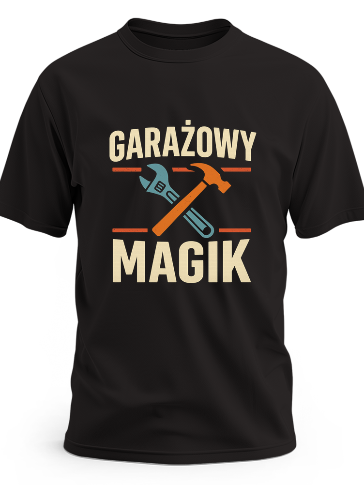 Skrzyżowany klucz nastawny i młotek w kontrastowym konturze oraz hasło Garażowy magik - czarna koszulka