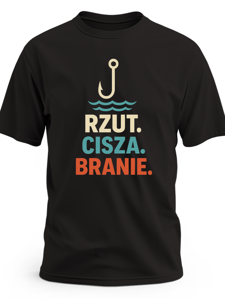 Biały kontur pionowego haczyka nad falami wody z napisem „Rzut. Cisza. Branie.” - czarna koszulka