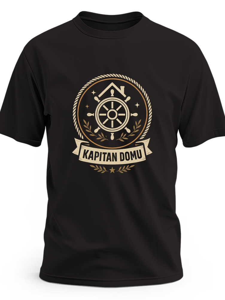 Retro okrągły emblem z liną, dachem, kołem sterowym i napisem Kapitan Domu na czarnej koszulce - czarna koszulka meska