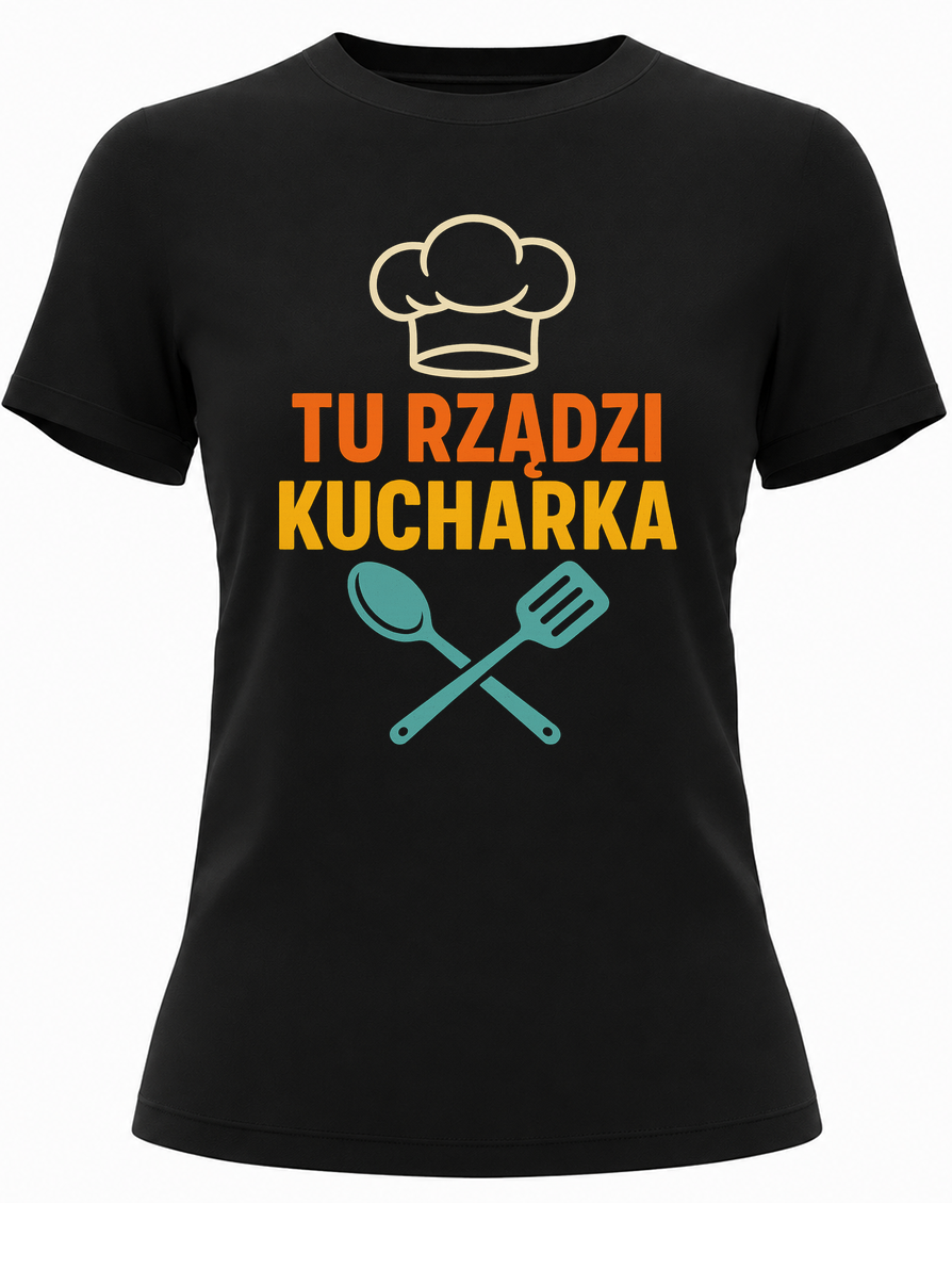 Koszulka dla kucharki „Tu rządzi kucharka” – czarna damska koszulka z nadrukiem