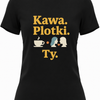 Biały napis „Kawa. Plotki. Ty.” z prostą ikoną filiżanki, kropką i małym sercem - czarna koszulka damski