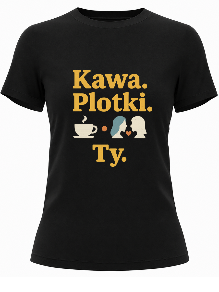 Biały napis „Kawa. Plotki. Ty.” z prostą ikoną filiżanki, kropką i małym sercem - czarna koszulka damski