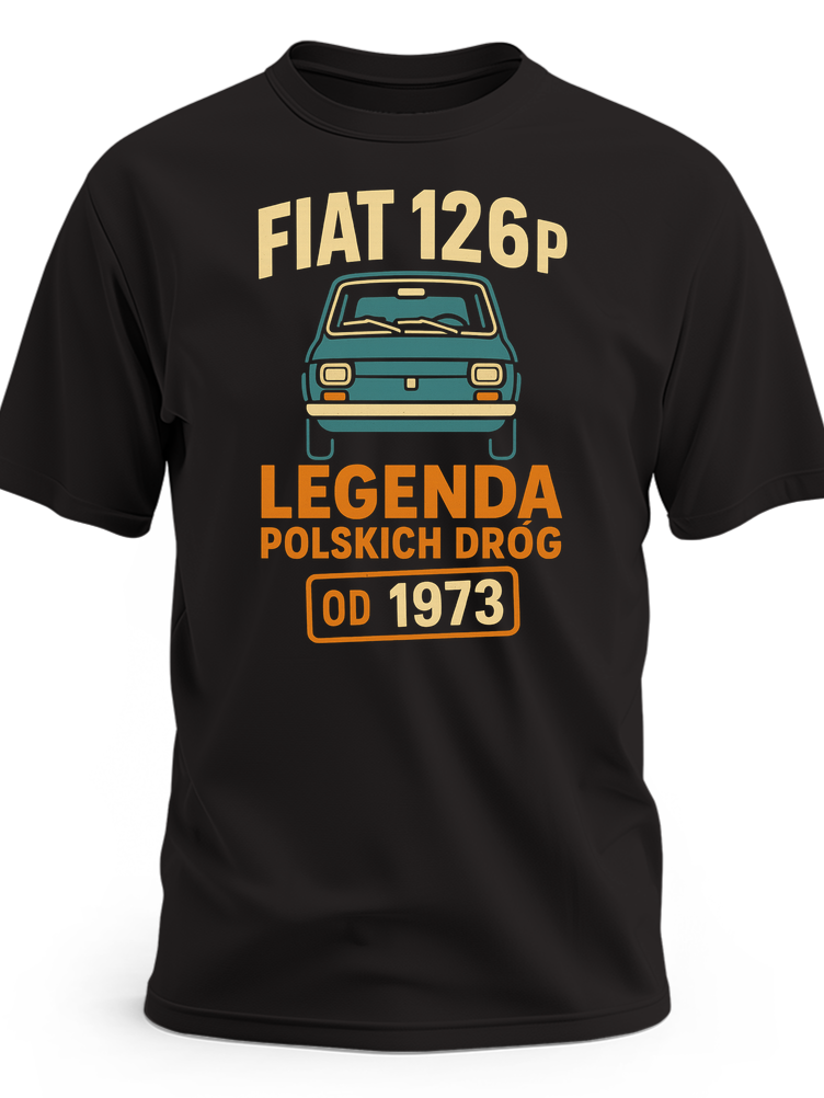 Retro napis „Fiat 126p — Legenda polskich dróg (od 1973)” z małą ikoną przodu Malucha i datą w formie stempla - czarna koszulka meski