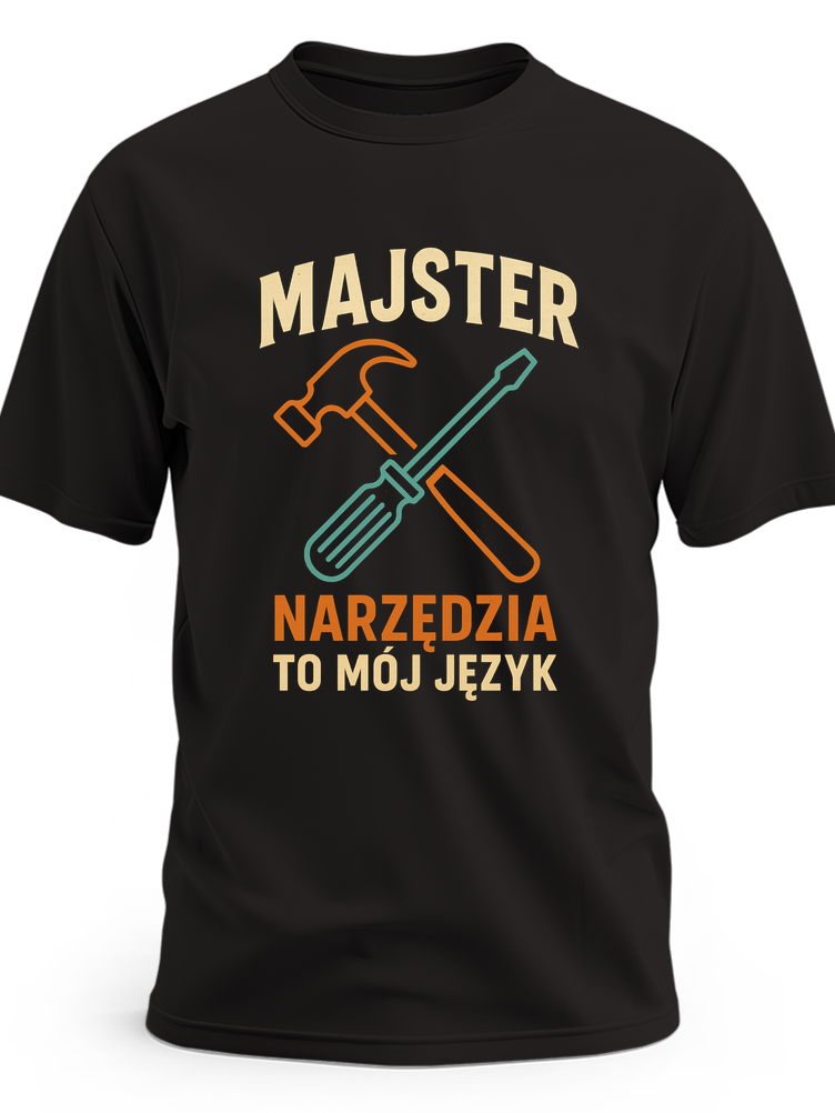 Biały kontur skrzyżowanego młotka i śrubokręta z napisem „Majster: narzędzia to mój język” - czarna koszulka