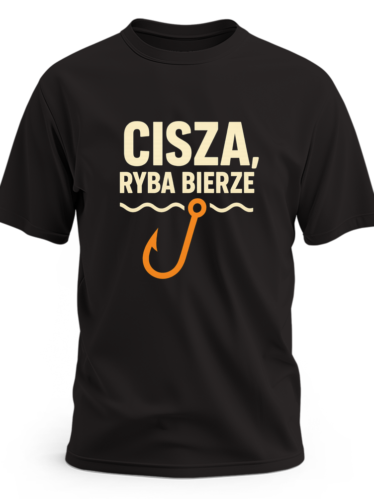 Biały napis „Cisza, ryba bierze” z minimalistycznym haczykiem i falującą linią wody - czarna koszulka
