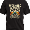 Biały kontur sylwetki motocykla z napisem Wolność na dwóch kołach - czarna koszulka