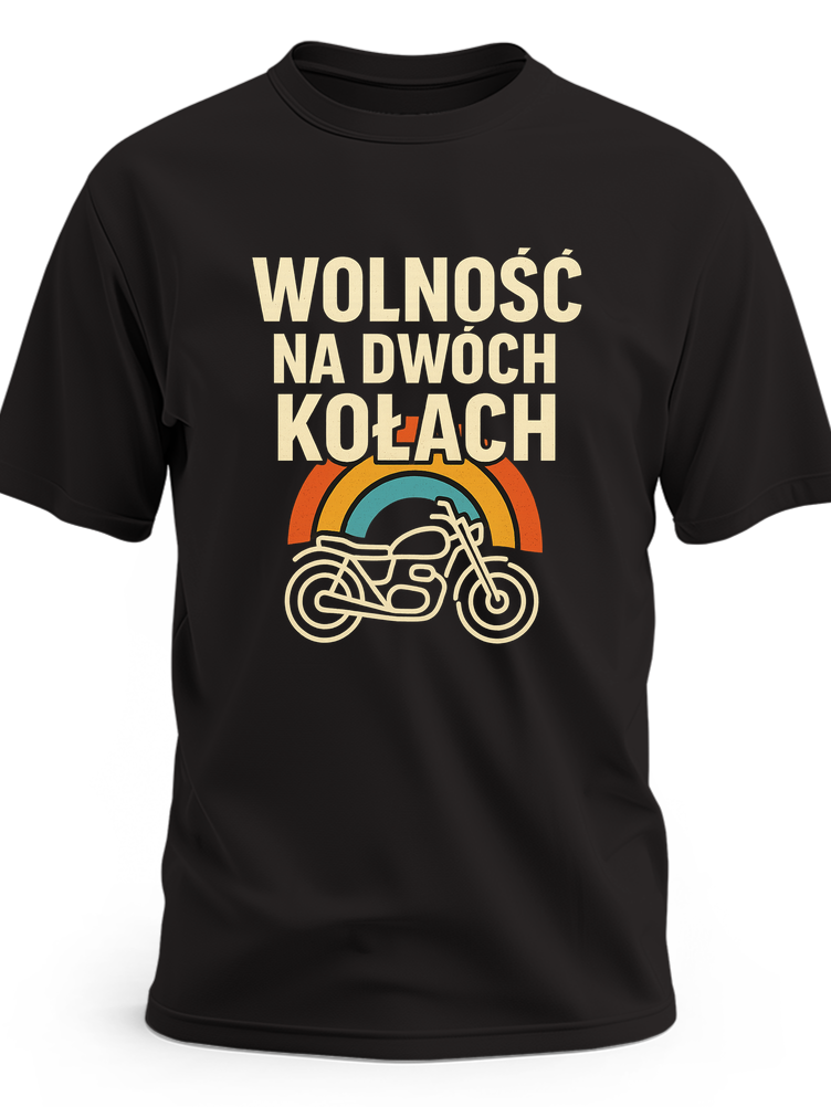 Biały kontur sylwetki motocykla z napisem Wolność na dwóch kołach - czarna koszulka