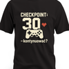 Hasło „Checkpoint: 30 — kontynuować?”, biały pikselowy kontroler i czerwone serce 8-bit - czarna koszulka