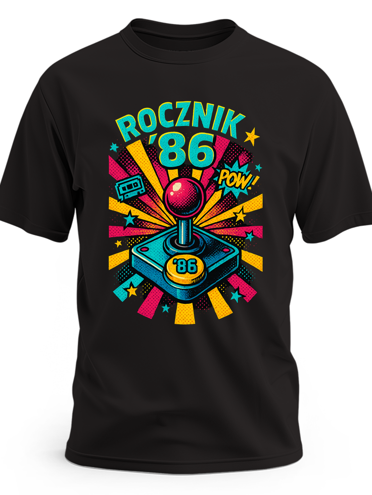 Retro joystick z oznaczeniem '86, neonowym sunburstem i napisem Rocznik '86 - czarna koszulka meska