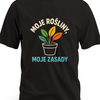 Biały kontur doniczki z prostymi liśćmi i napisem „Moje rośliny, moje zasady” - czarna koszulka