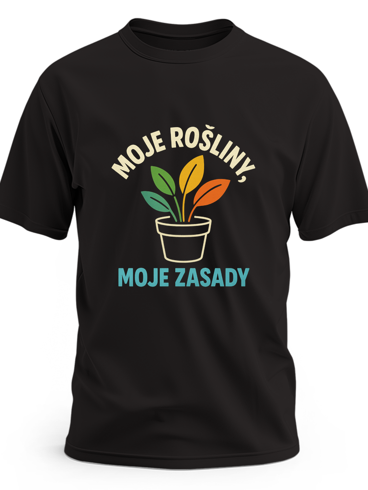 Biały kontur doniczki z prostymi liśćmi i napisem „Moje rośliny, moje zasady” - czarna koszulka