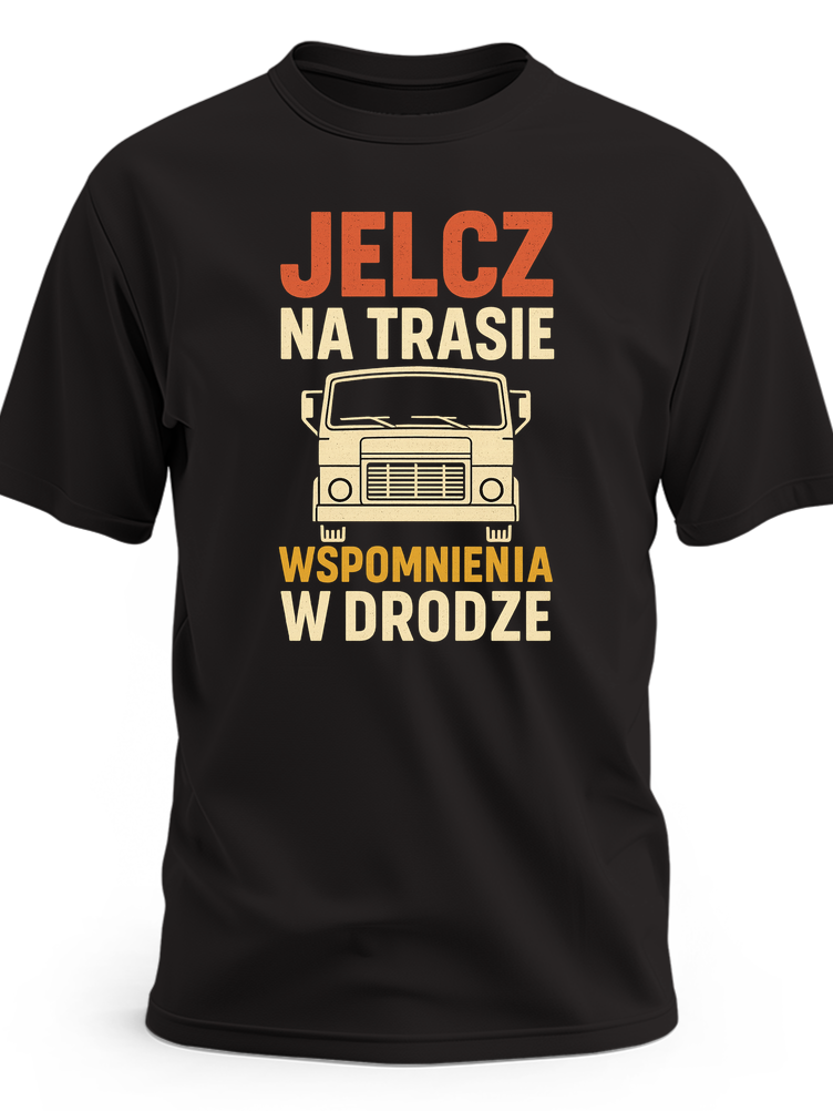 Koszulka męska z Jelczem z nadrukiem Jelcz w trasie wspomnienia w drodze dla fana starej motoryzacji PRL
