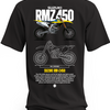 Czarna koszulka z motocyklem Suzuki RM-Z450, napisem RM-Z450 i rysunkami technicznymi
