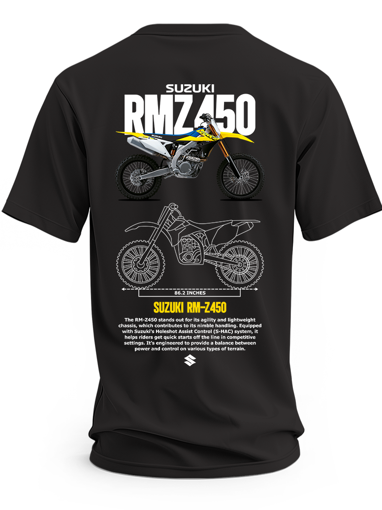 Czarna koszulka z motocyklem Suzuki RM-Z450, napisem RM-Z450 i rysunkami technicznymi