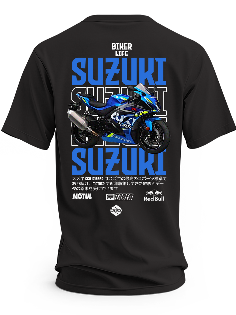 Czarna koszulka z niebieskim motocyklem Suzuki i dużymi niebieskimi napisami Suzuki