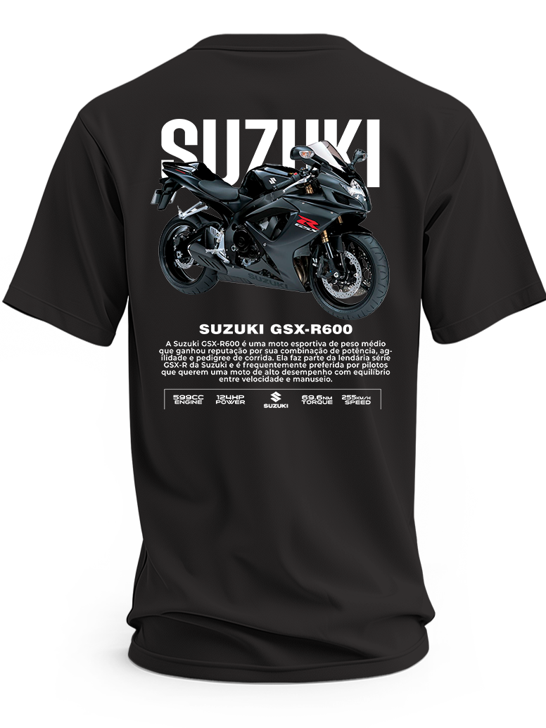 Czarna koszulka z motocyklem Suzuki GSX-R 600 i dużym białym napisem Suzuki – wzór 2