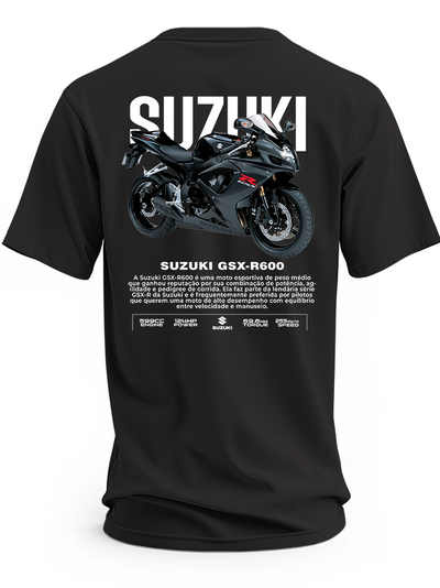 Czarna koszulka z motocyklem Suzuki GSX-R 600 i dużym białym napisem Suzuki – wzór 2